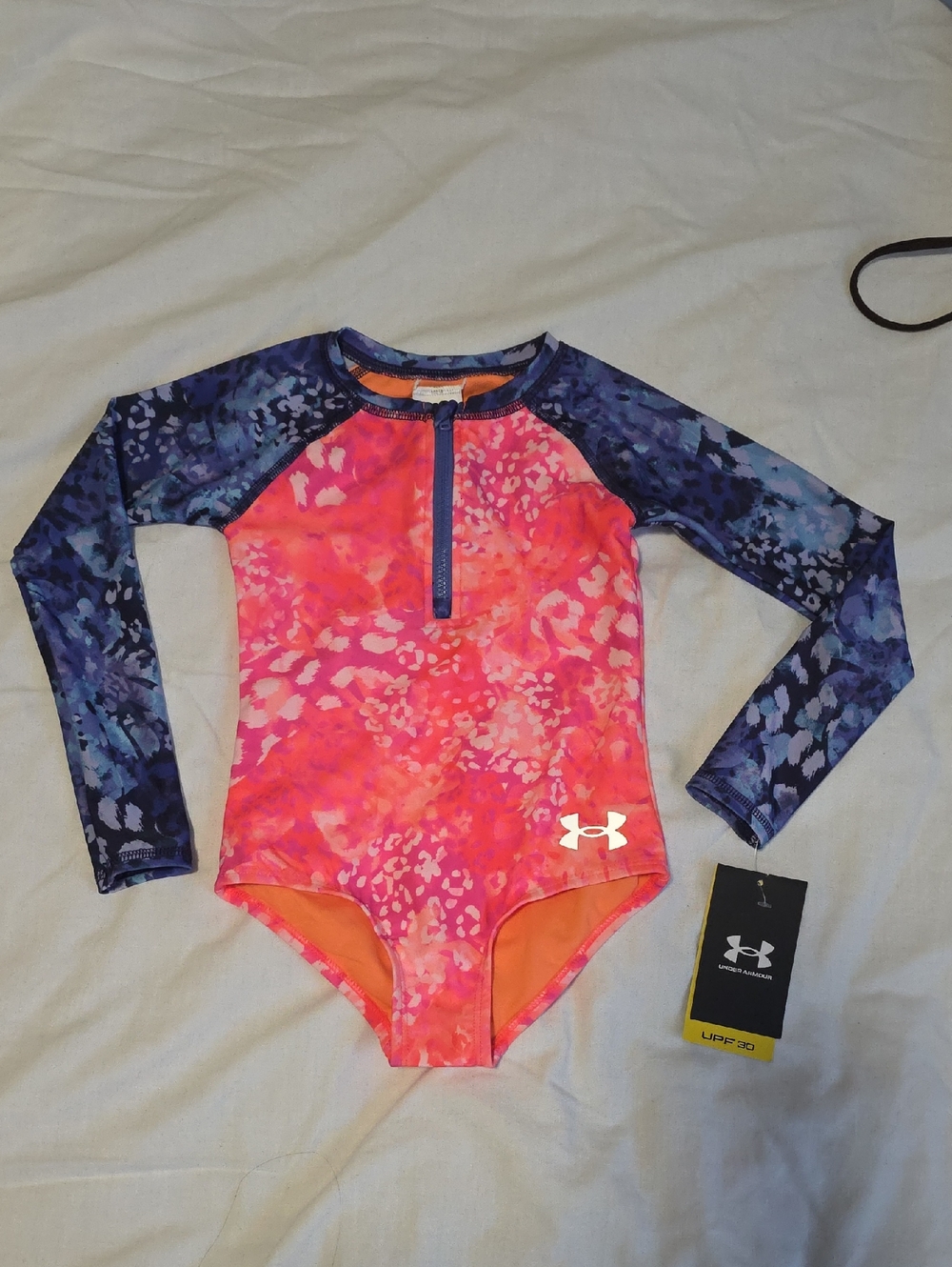 Under Armour Girls' Pink & Purple Long Sleeve One-Piece Swim Suit